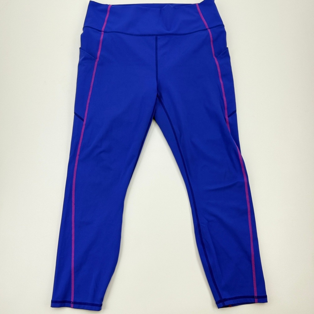 Fabletics PureLuxe Leggings Womens XL Blue Pink Stitch High Waist Pocket Cropped